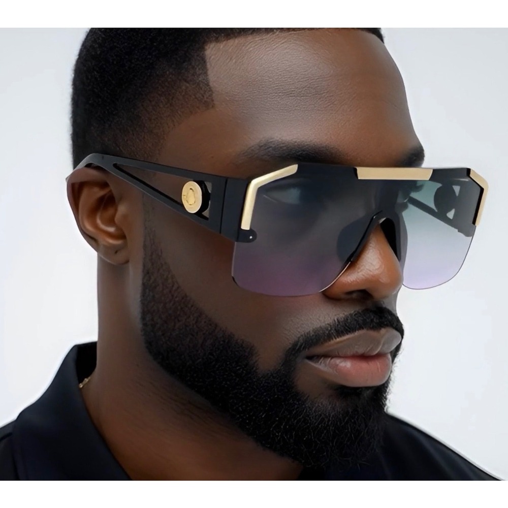 Mens Oversized Shield Sunglasses Black Gold Flat Top Gradient Lens Bold Chic New